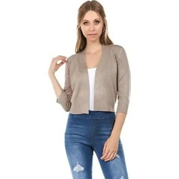 Cielo Light Brown Cropped Long Sleeve Knit Cardigan Sweater L - Picture 1 of 4